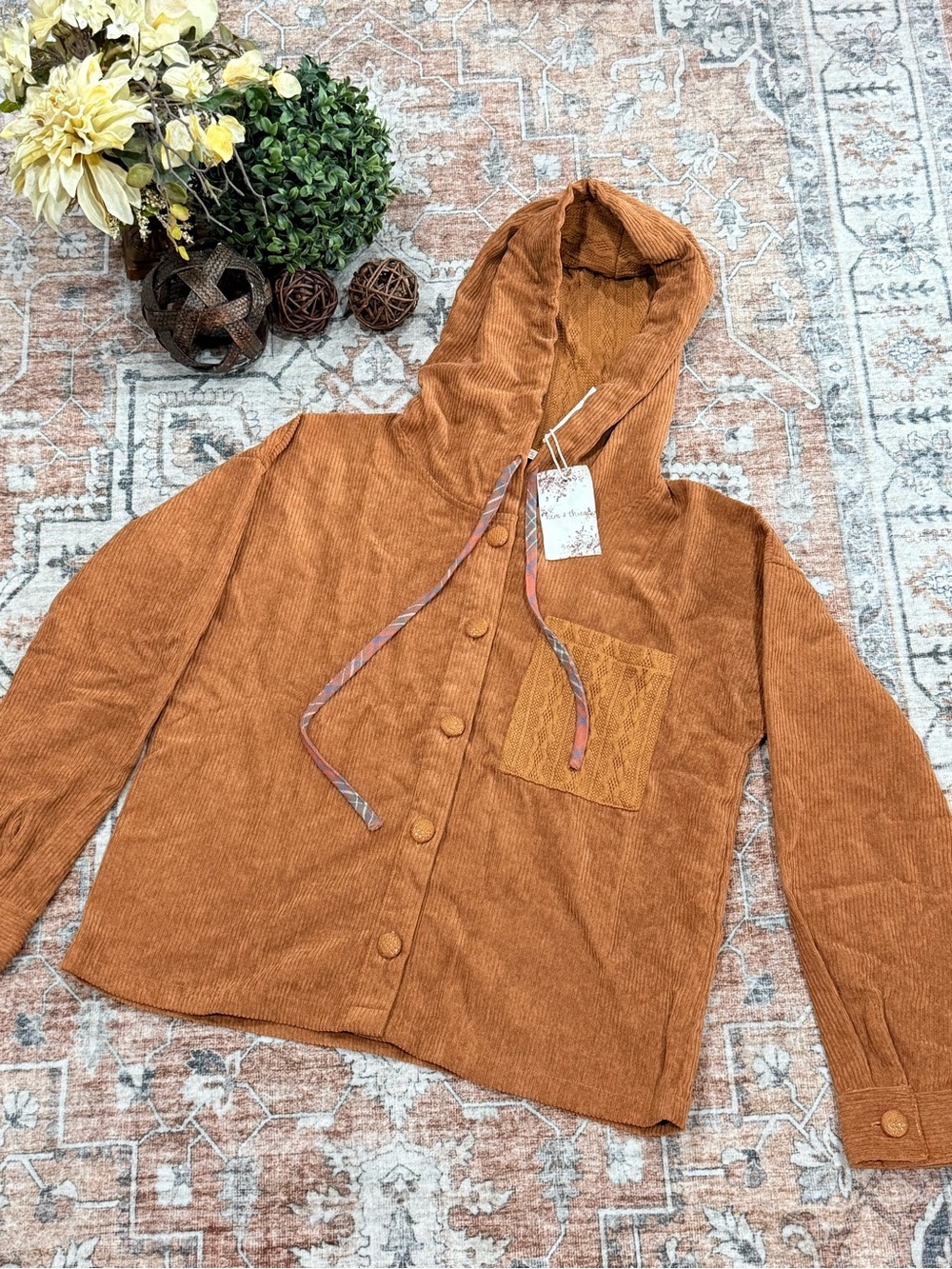 Women’s Hooded Corduroy Button-Front Bomber Jacket - Rust